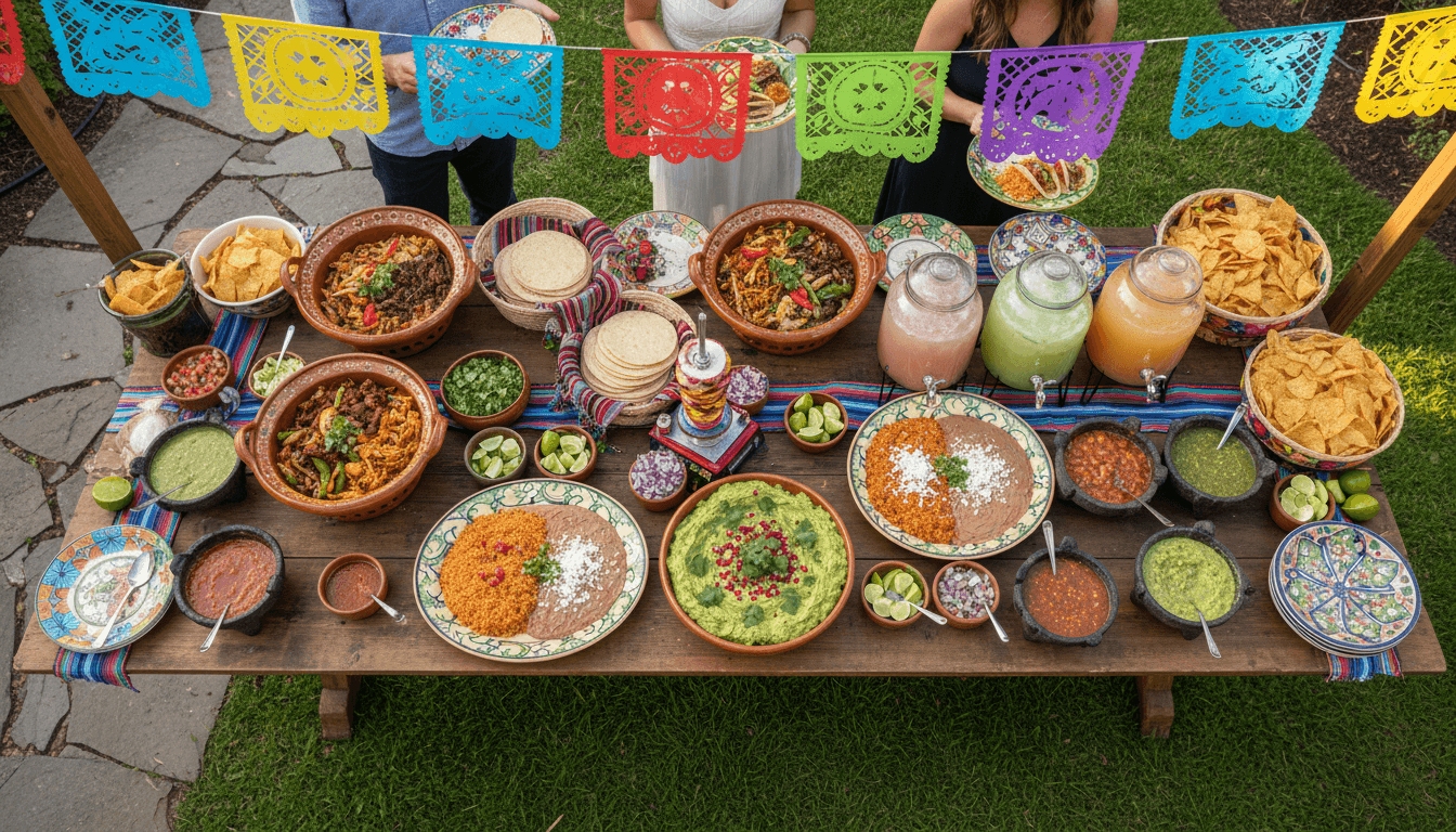 Complete Mexican catering spread with tacos, sides, and beverages at outdoor event