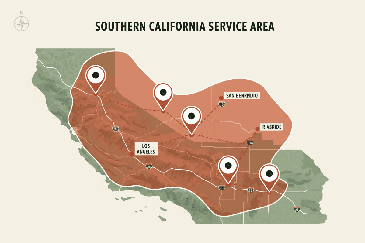 Map showing Tacos El Mexicano catering service area across Southern California