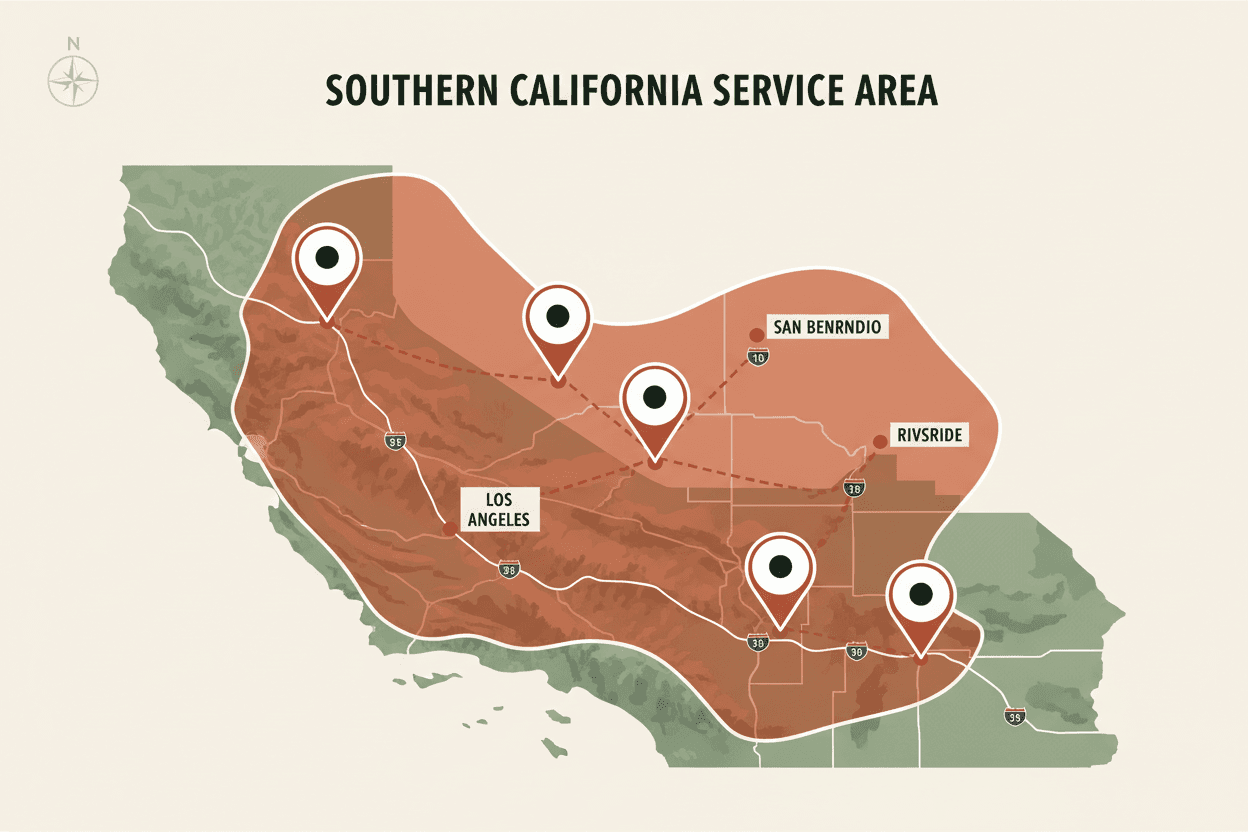 Map showing Tacos El Mexicano catering service area across Southern California